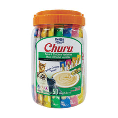 INABA Churu cat treats tube close-up showcasing creamy texture and high moisture.