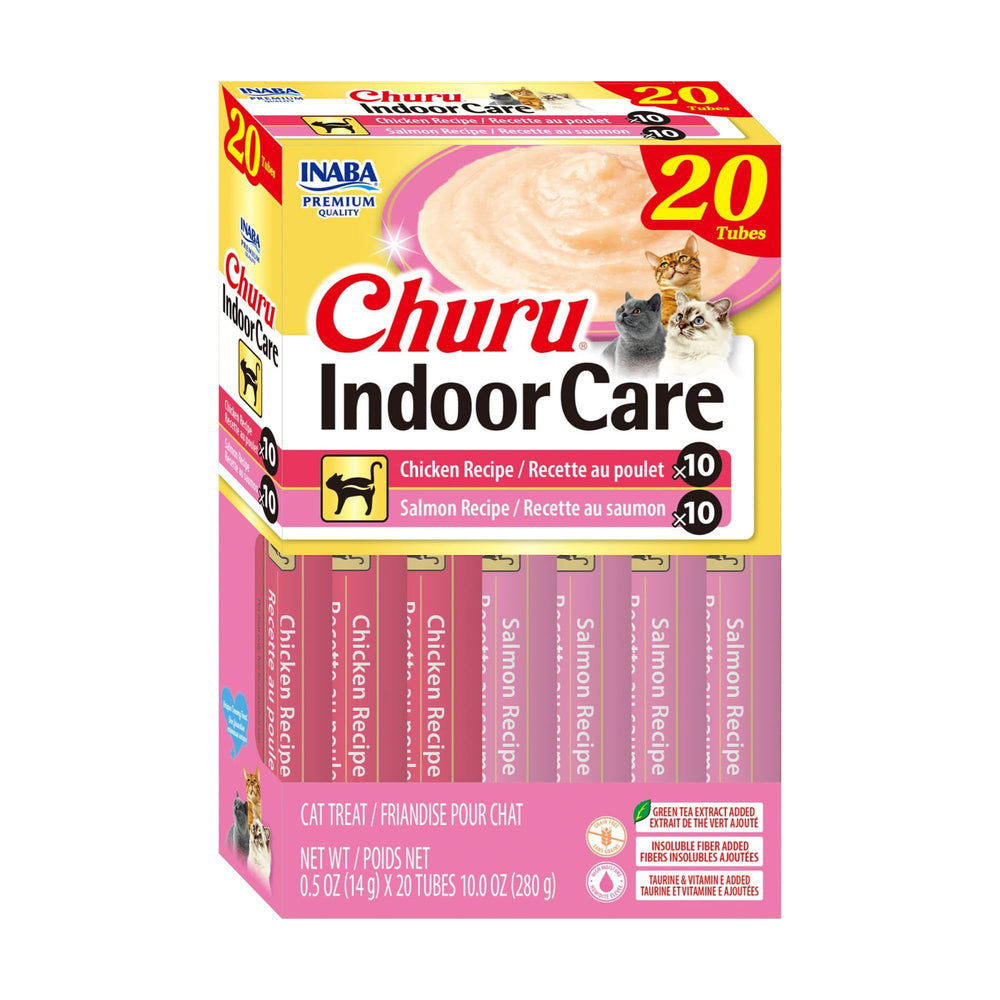 INABA Churu Indoor Care hairball control tube closeup highlighting moisture-rich treat