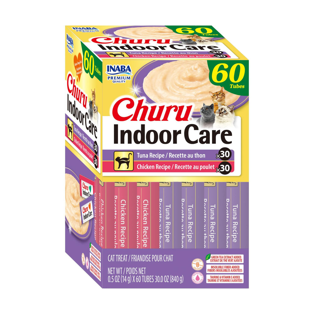 INABA Churu Indoor Care tubes and packaging for convenient hairball-friendly treat display.