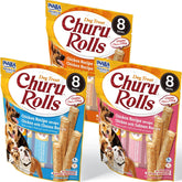 INABA Churu Rolls with baked chicken wrap, a tasty training treat for dogs.