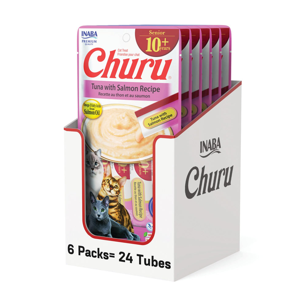 INABA Churu Senior Tuna with Salmon tube for a hydrating, tasty cat treat.