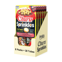 INABA Churu Sprinkles tube front for convenient dog meal enhancements.