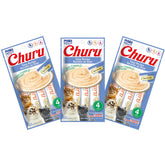 INABA Churu Tuna PurΓ©e tube open for easy hand feeding and reward.