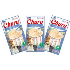 INABA Churu Tuna Purée tube open for easy hand feeding and reward.
