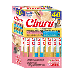 INABA Churu tuna-seafood variety tube for lickable, hydrating cat treats.