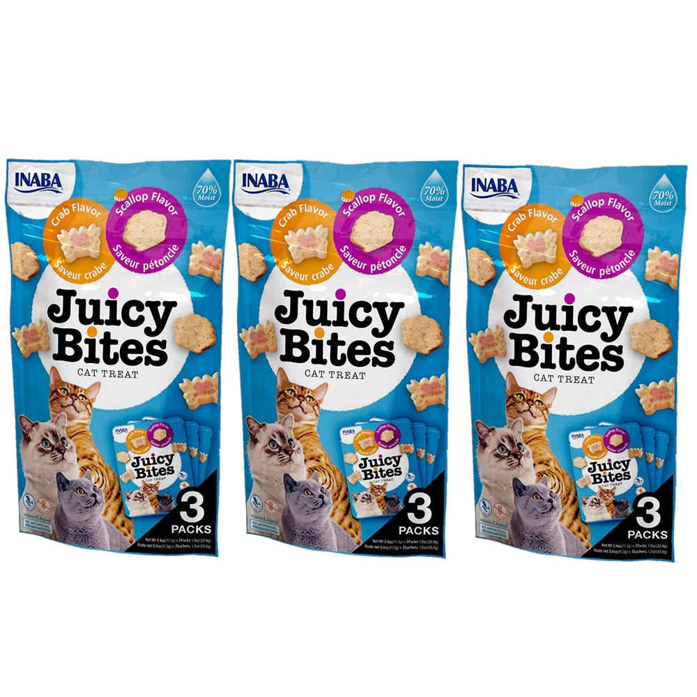 INABA Juicy Bites grain-free soft tuna and chicken treats in pouches for freshness.