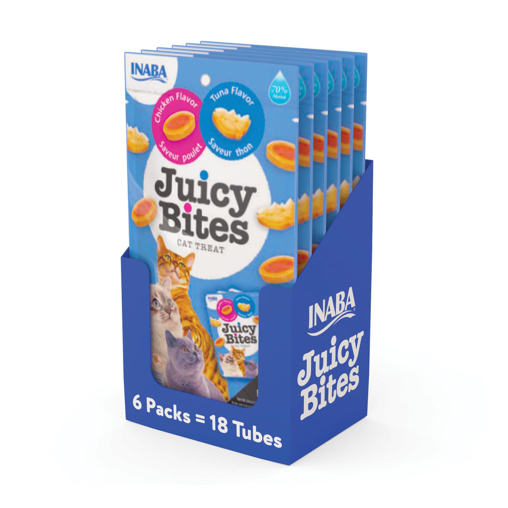 INABA Juicy Bites moist tuna-chicken pouch showing texture and flavor.