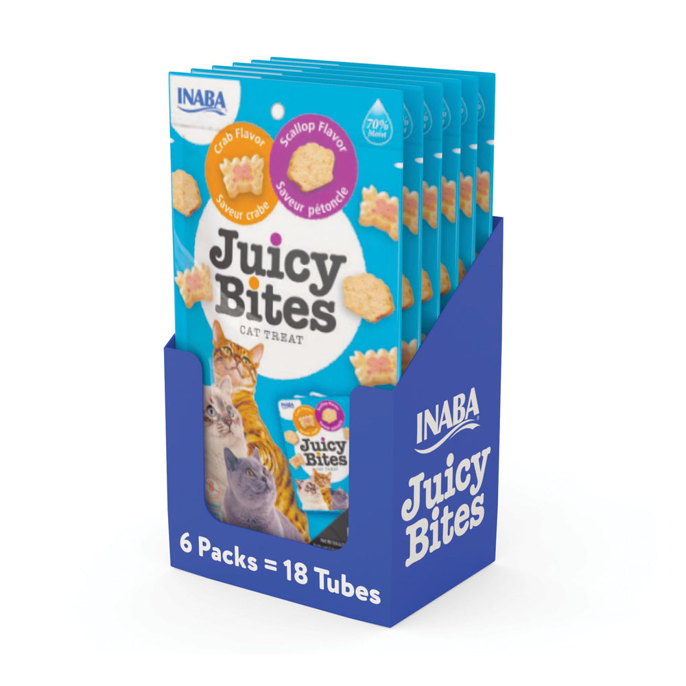 INABA Juicy Bites scallop and crab pouch display convenient grain-free cat treats for snack time