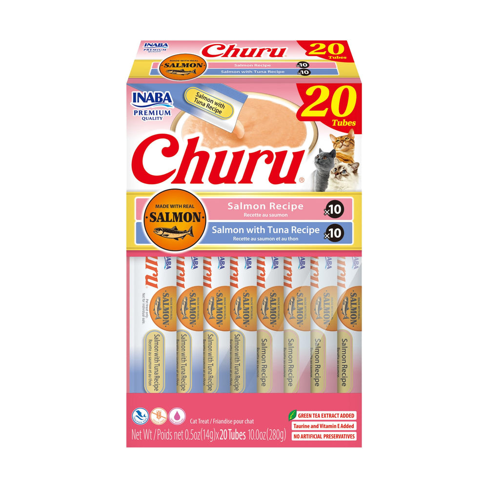 INABA Salmon Churu tube close-up highlighting creamy texture for bonding with your cat.