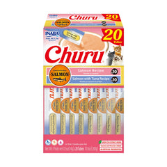 INABA Salmon Churu tube close-up highlighting creamy texture for bonding with your cat.
