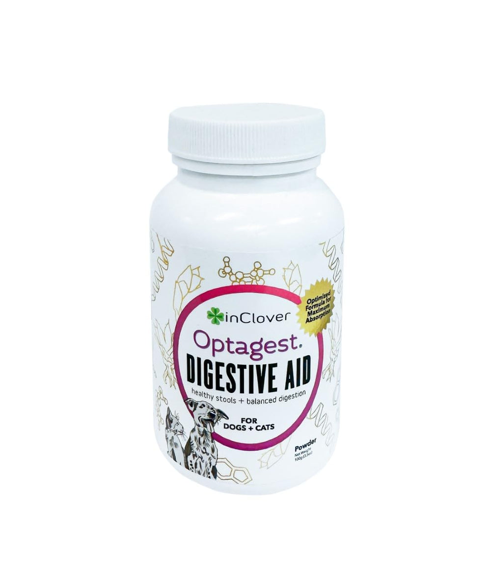 In Clover Optagest bottle-front with label highlighting organic prebiotics and enzymes for gut balance.