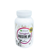 In Clover Optagest bottle-front with label highlighting organic prebiotics and enzymes for gut balance.