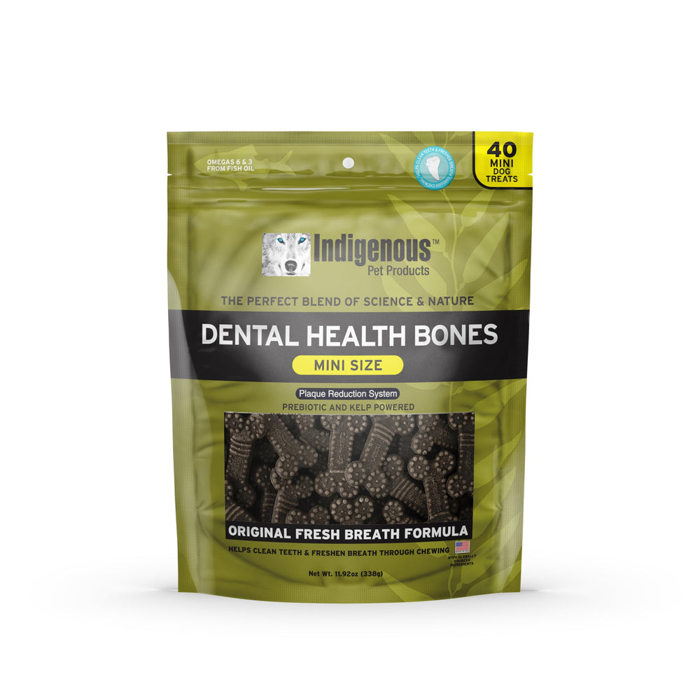 Indigenous Pet Dental Bones Mini original fresh breath pack shot showing a tasty chew.