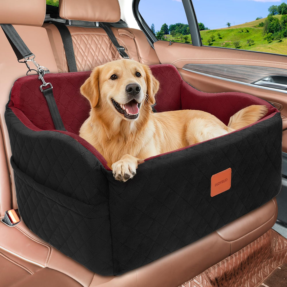 INDYBUD dog car seat backview demonstrating secure fit and elevated comfort on long trips