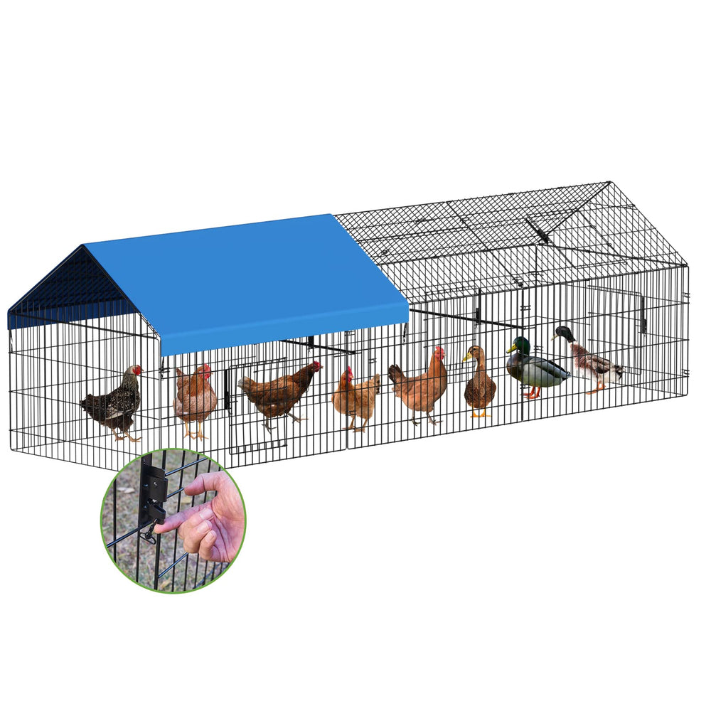 INJOPEXI metal chicken coop front view demonstrates durable weather-ready enclosure for backyard poultry.