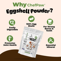 Innovet ChefPaw eggshell powder in a dog bowl, convenient calcium boost for daily feeding.