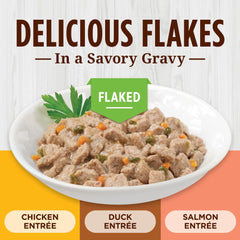 Cage-free chicken, duck, and salmon provide real protein in savory gravy.