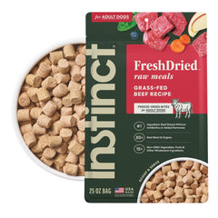 Instinct freeze-dried meals bag front showcases grain-free beef recipe ideal for daily feeding.
