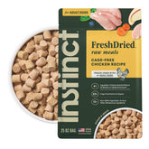 Instinct FreshDried Meals chicken bag front, grain-free packaging for dogs.