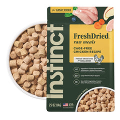 Instinct FreshDried Meals chicken bag front, grain-free packaging for dogs.