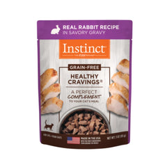 Instinct Healthy Cravings rabbit pouch open, grain-free topper for flavorful, balanced meals.
