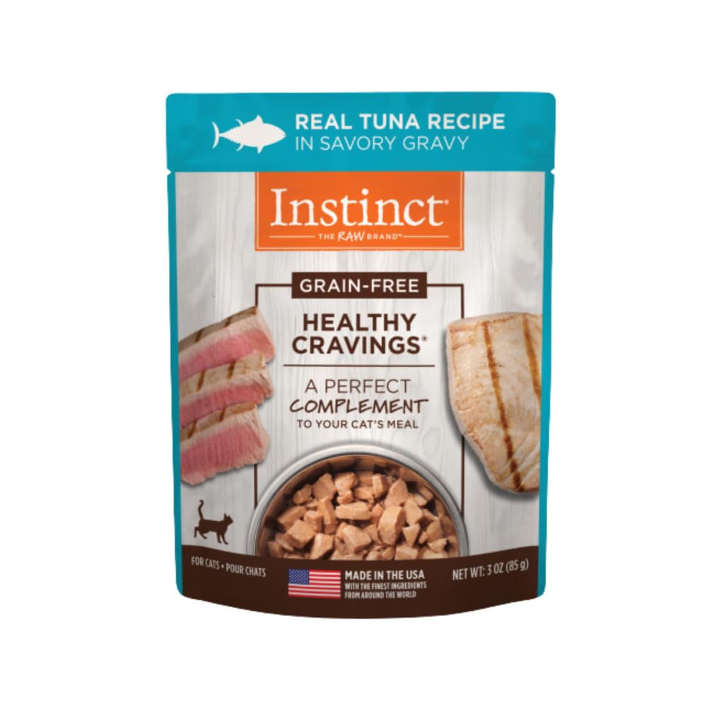 Instinct Healthy Cravings tuna toppers in a 3 oz pouch with savory gravy for moisture