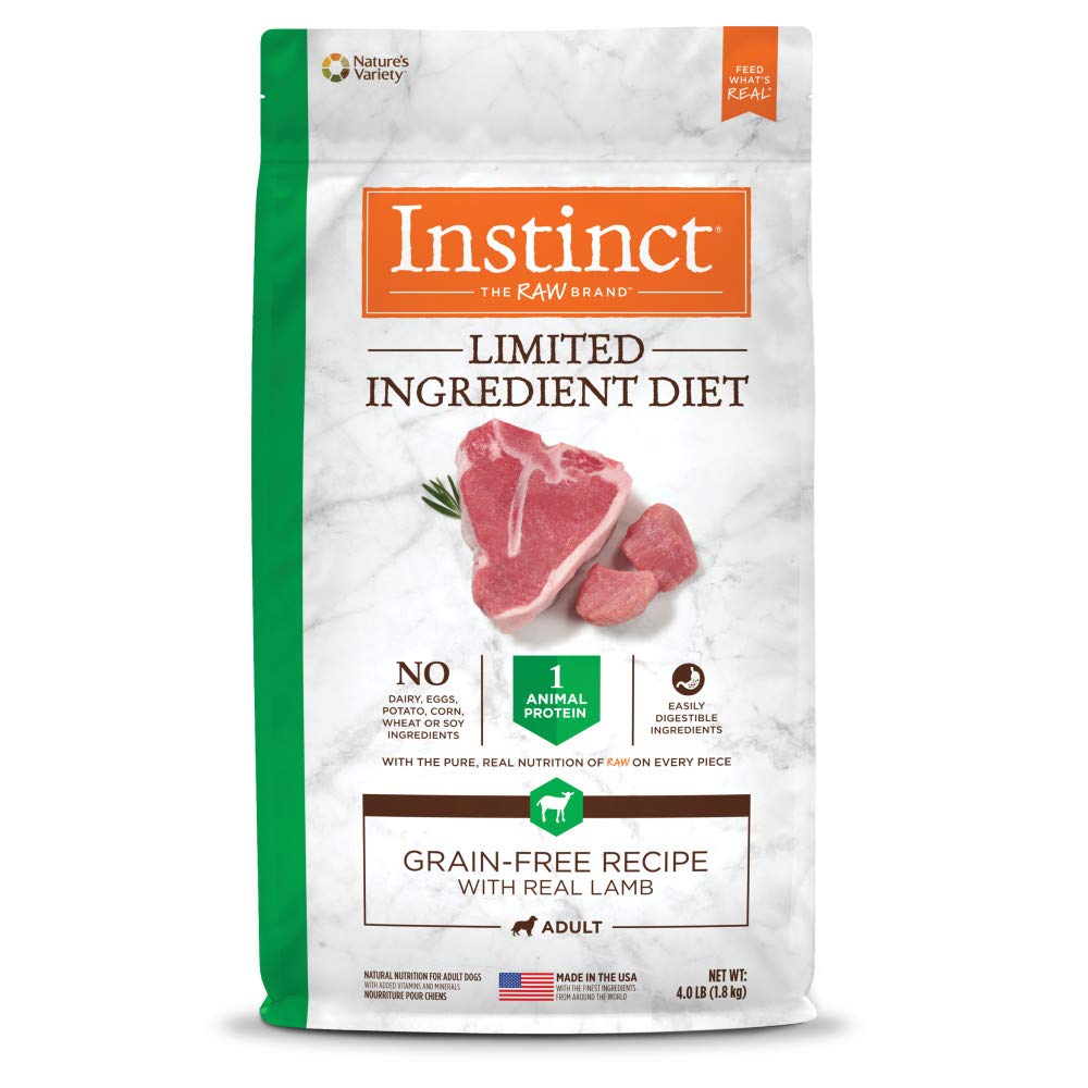 Instinct Limited Ingredient Diet lamb kibble close-up showing simple, protein-focused recipe for sensitive dogs.