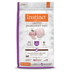 Instinct Limited Ingredient Diet real rabbit kibble bag; grain-free formula for gentle digestion.