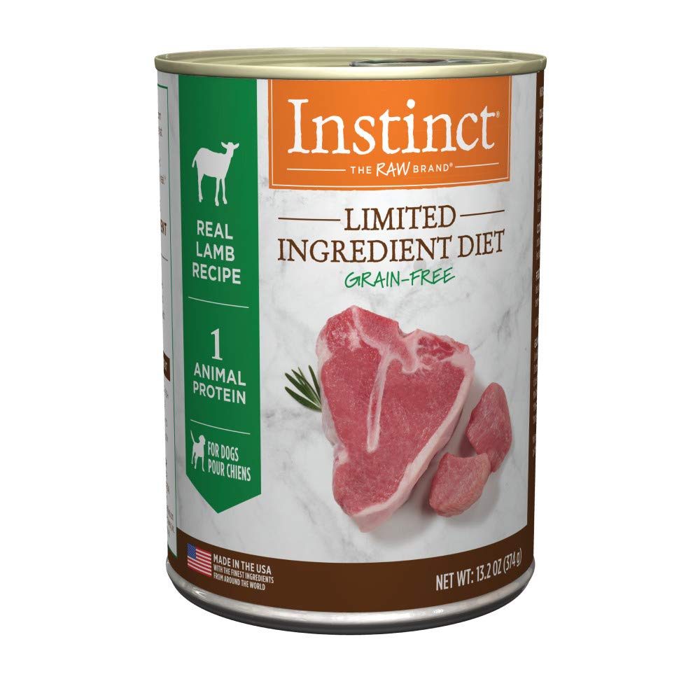 Instinct Limited Ingredient wet dog food can pack with real lamb, grain-free for sensitive stomachs.