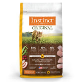 Instinct Original dry cat food packaging highlights real chicken for protein-rich nutrition.