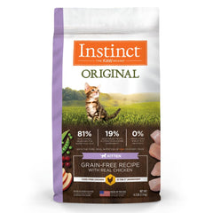 Instinct Original kitten dry food bag highlights grain-free formula and first-ingredient chicken