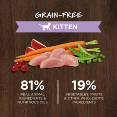 Instinct Original kitten kibble closeup shows crunchy bites and protein content