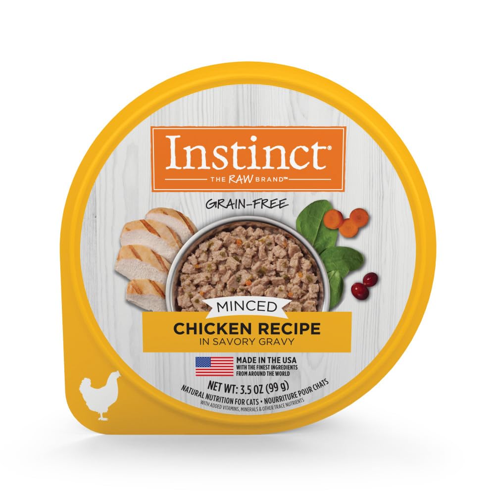Instinct Original Minced Chicken Cups show cage-free chicken in broth for a high-protein meal.