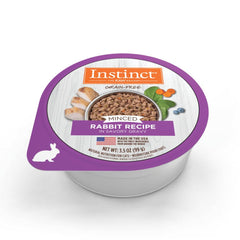 Instinct Original Minced Rabbit cups served in savory broth for hydration and flavor.