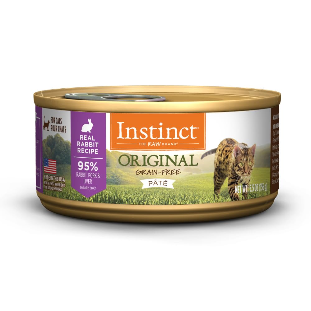Instinct Original Rabbit wet cat food can front packaging highlights grain-free formula.