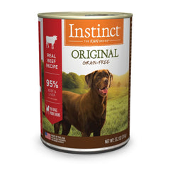 Instinct Original beef pâté loaf—high-protein wet dog food for lean muscles.