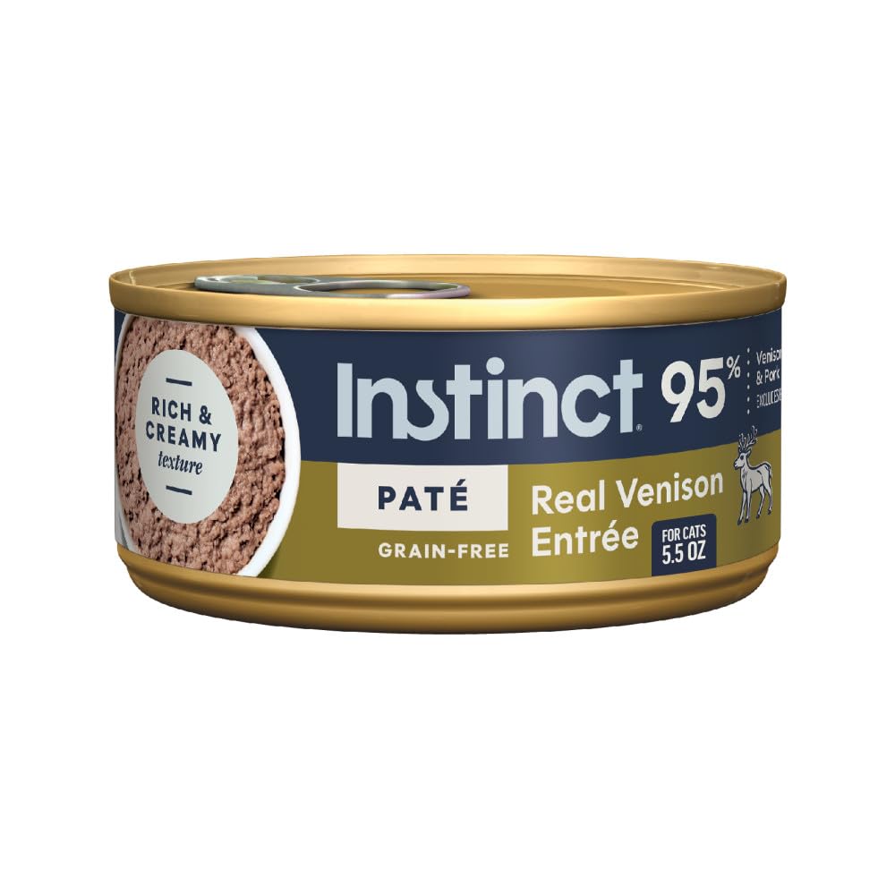Instinct Pate Entrees venison first ingredient for high-protein cat nutrition.