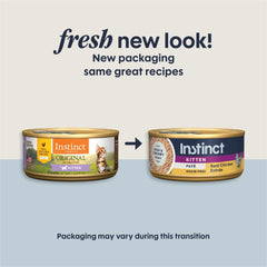 Instinct Pate Kitten Entree can-back-label emphasizes real chicken and salmon for protein variety.