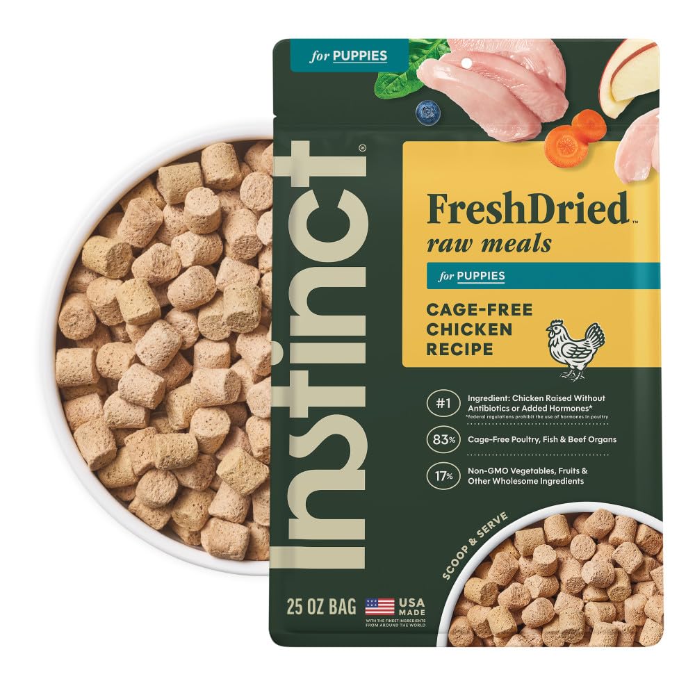 Instinct Puppy Freeze-Dried Meals bag front; grain-free puppy nutrition.