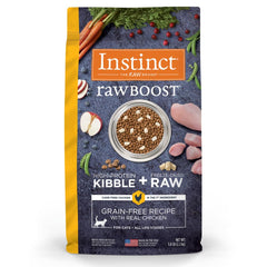 Instinct Raw Boost bag and bowl showing real chicken flavor for daily meals.