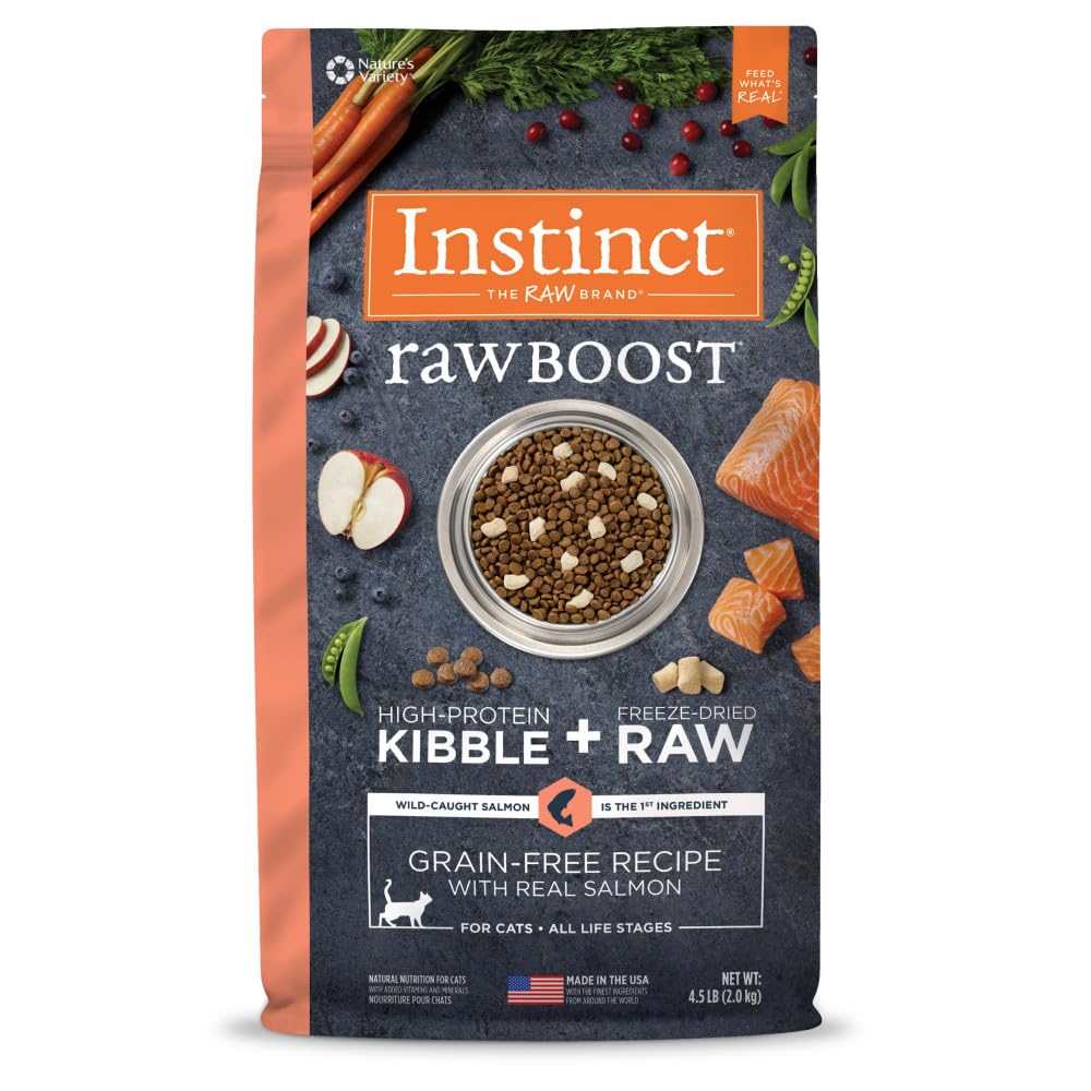 Instinct Raw Boost grain-free kibble with real salmon and freeze-dried pieces for texture variety.