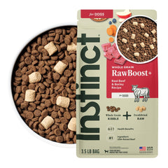 Instinct RawBoost beef-barley dry dog food bag showing protein-rich USA beef
