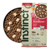 Instinct RawBoost beef and barley dry dog food front label highlights USA-made nutrition.