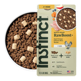 Instinct RawBoost chicken brown rice bag highlighting protein-rich nutrition for dogs.