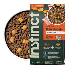 Instinct RawBoost grain-free kibble with FreshDried Raw pieces adds texture and flavor.