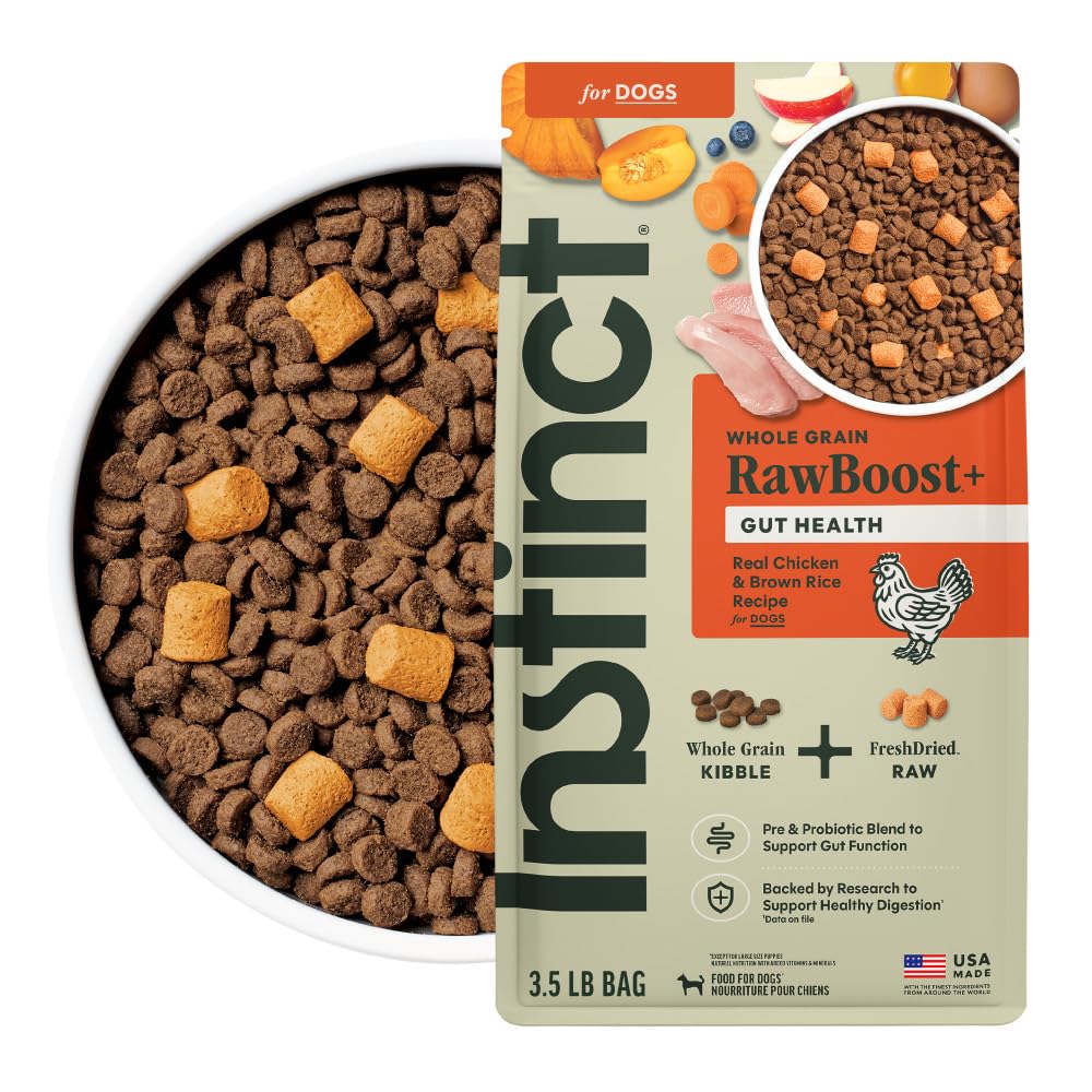 Instinct RawBoost gut-health brown rice kibble in bowl for digestion support