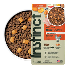 Instinct RawBoost gut-health brown rice kibble in bowl for digestion support