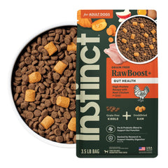 Instinct RawBoost gut-health dog food bag shows grain-free formula for balanced digestion