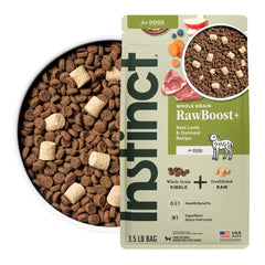 Instinct RawBoost lamb-kibble-bowl; protein-packed bites for active dogs.