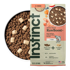 Instinct RawBoost salmon-kibble with brown rice supports balanced nutrition at mealtime.